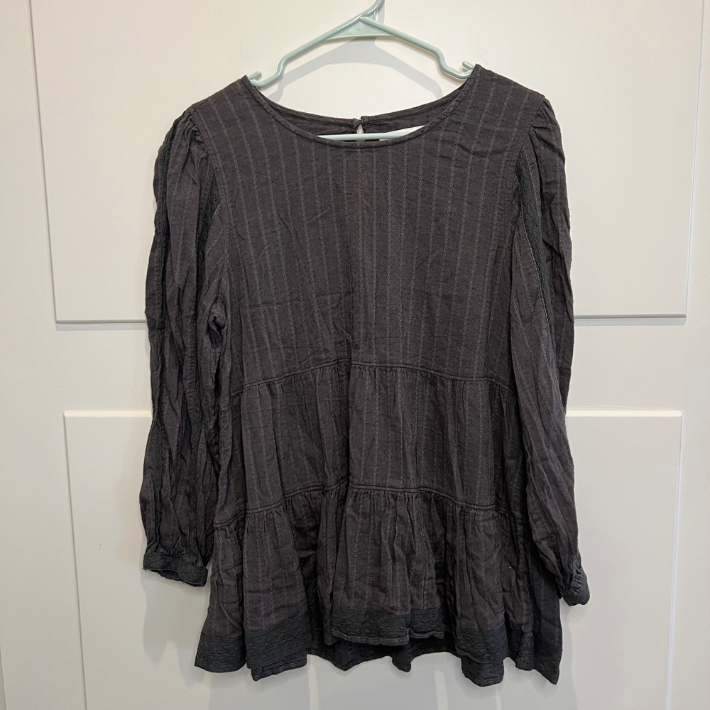 Lucky Brand Gray Tiered Babydoll‎ Blouse Top Long Sleeve Bohemian Boho Women M - Picture 2 of 13